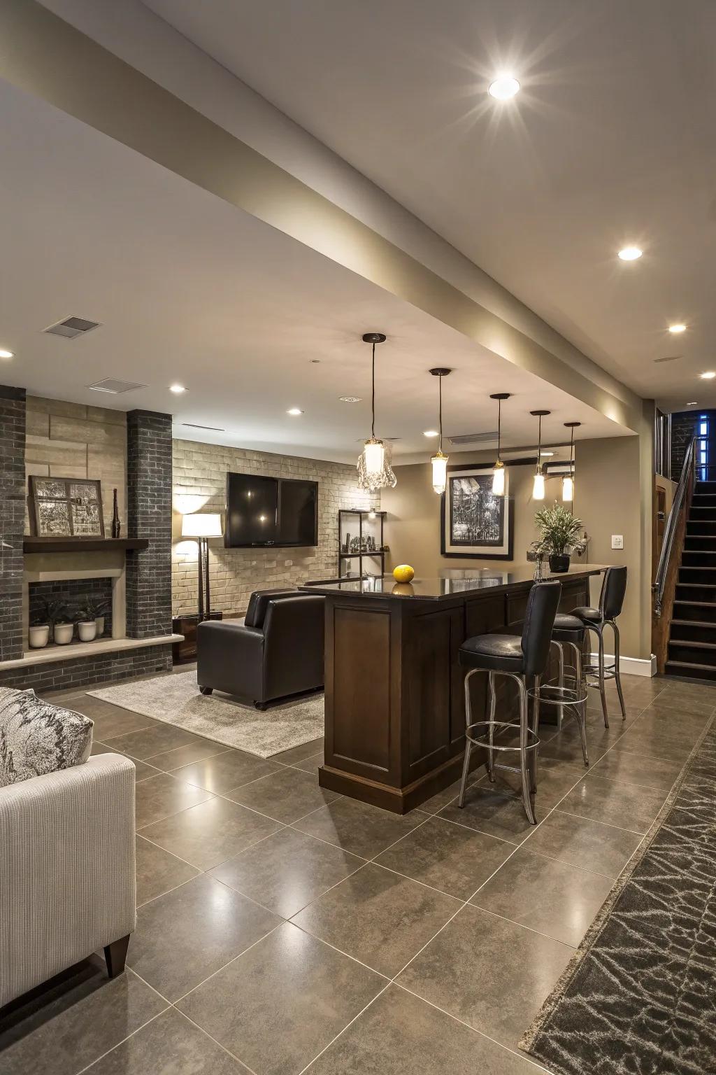 Modern basement design with sleek finishes and sophisticated lighting.