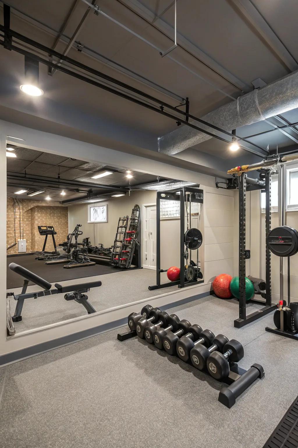 A functional home gym in the basement with essential exercise equipment and mirrored walls.