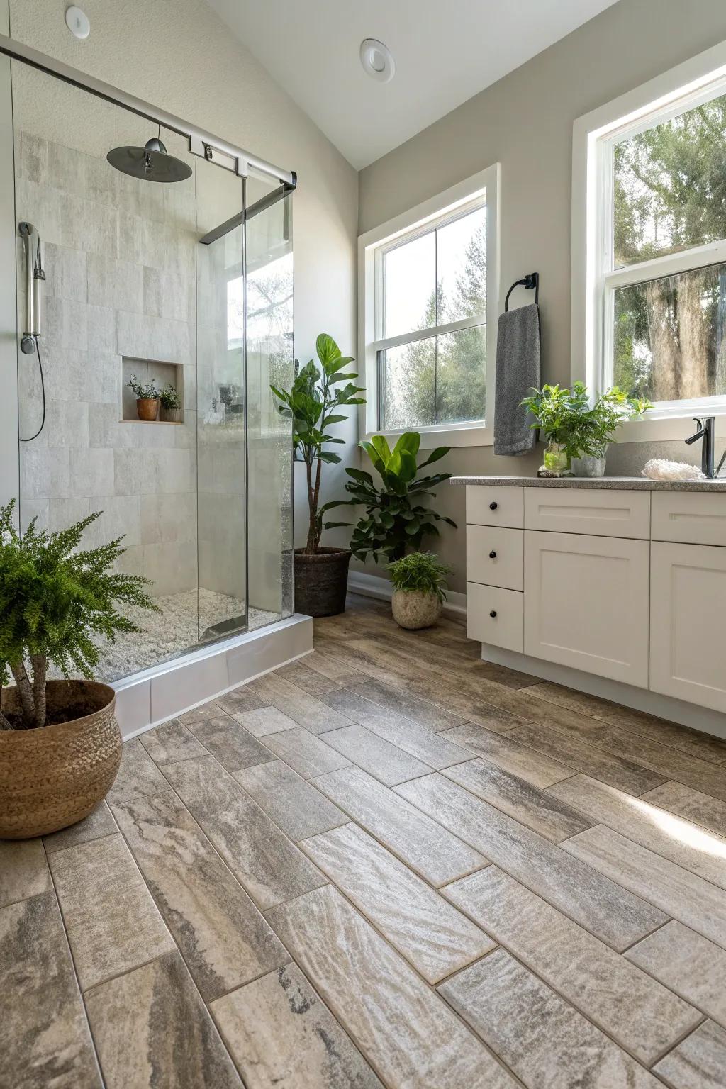 Stone-look vinyl flooring adds an elegant touch to this modern bathroom.