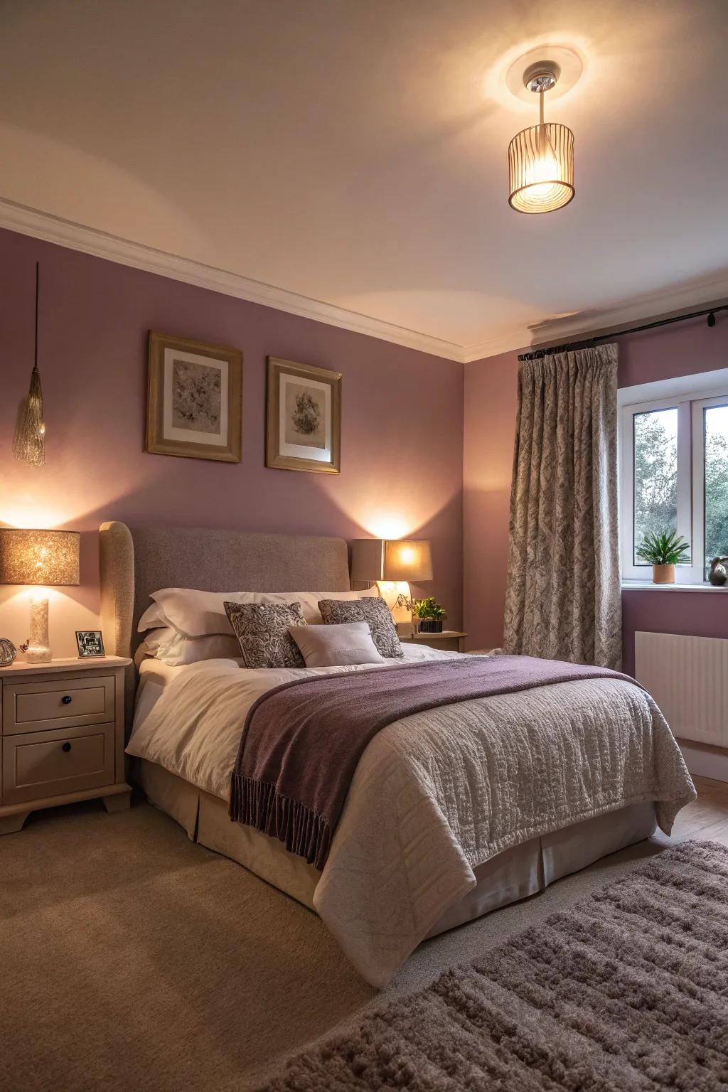 Plum walls fashion a soothing and sophisticated ambiance in this graceful sleeping quarter.