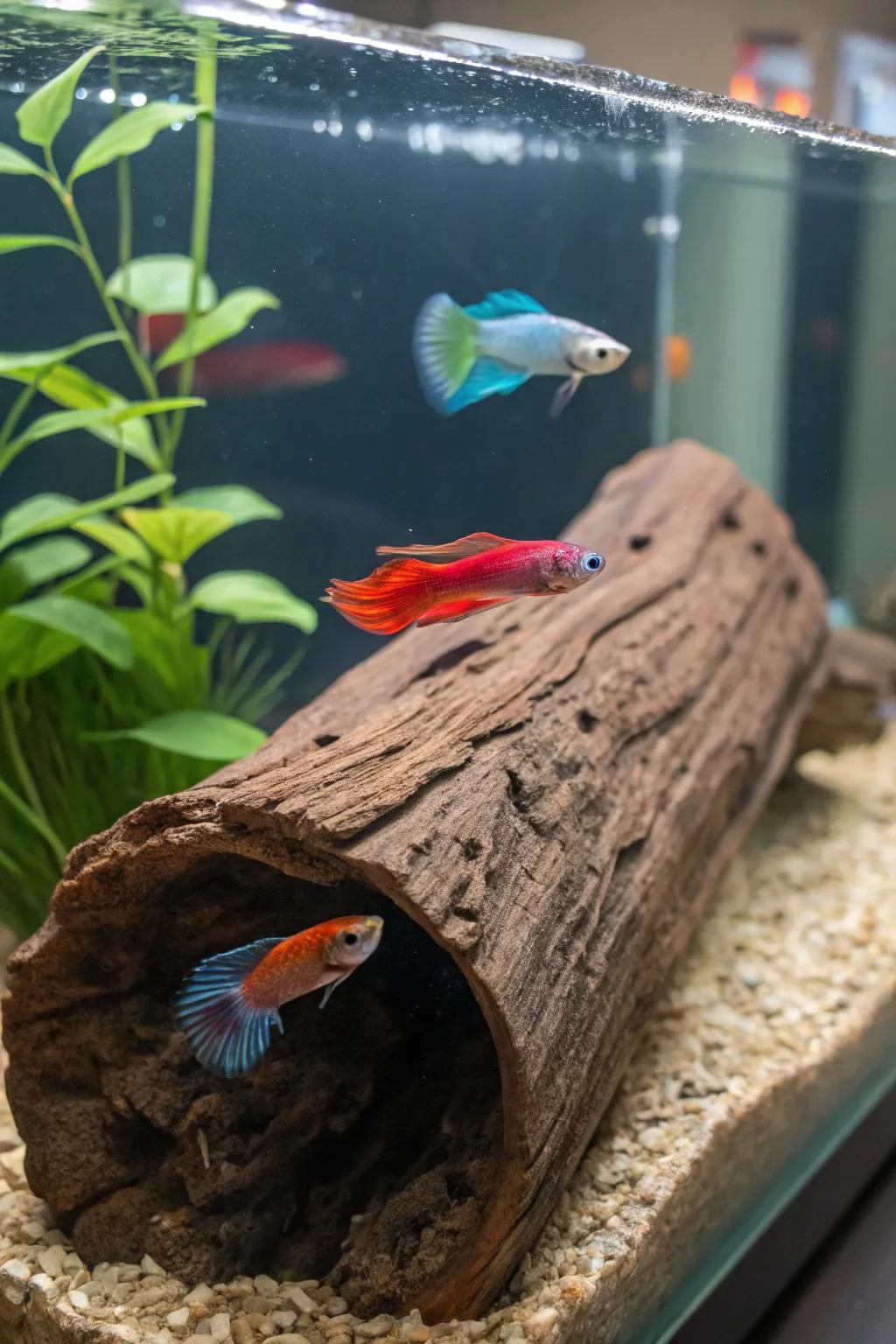 Buoyant logs offer a versatile lounging space for bettas.
