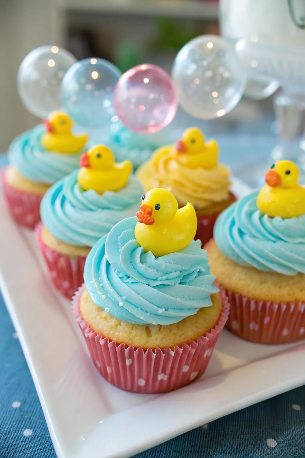 Fanciful duck and bubble cupcakes.