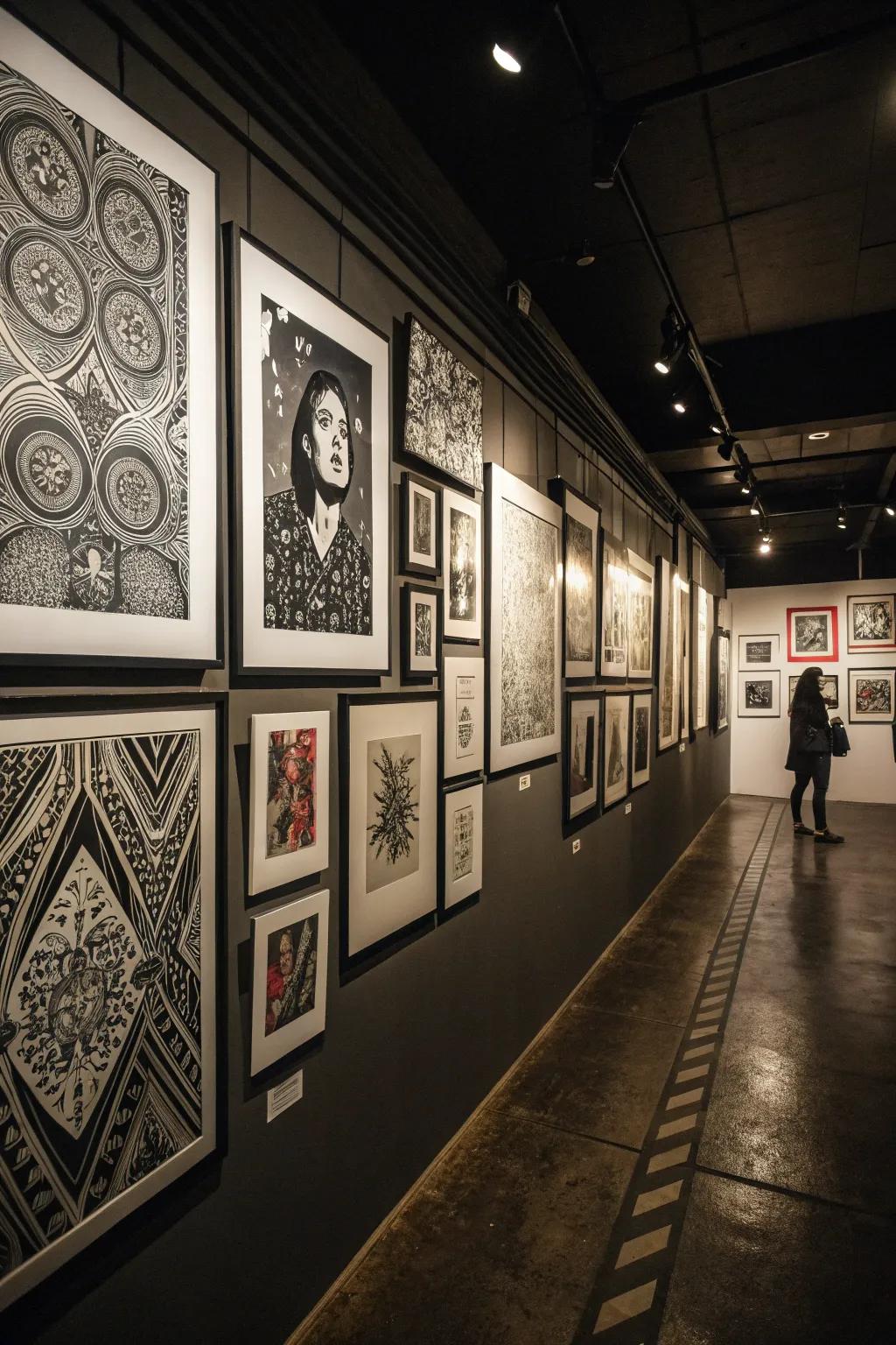 A stylish monochrome gallery wall showcasing black and white art.