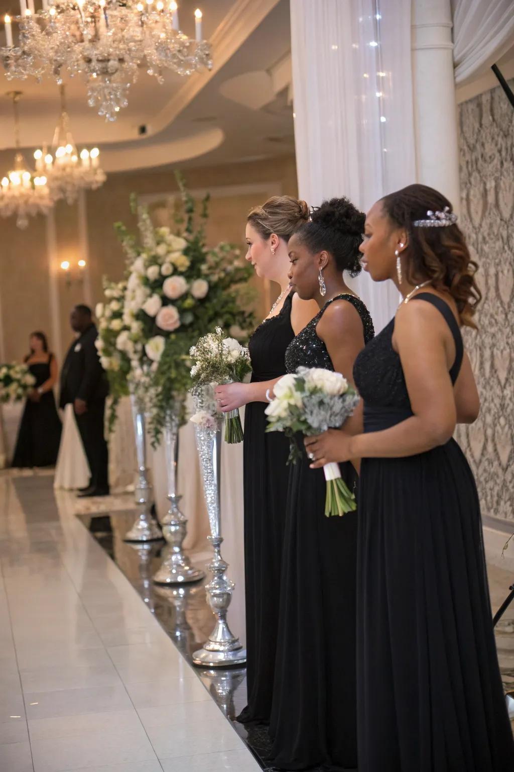 Chic bridesmaid attire in black and silver.