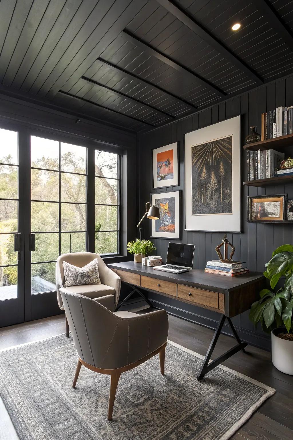 A modern home office featuring a black ceiling that fosters creativity.