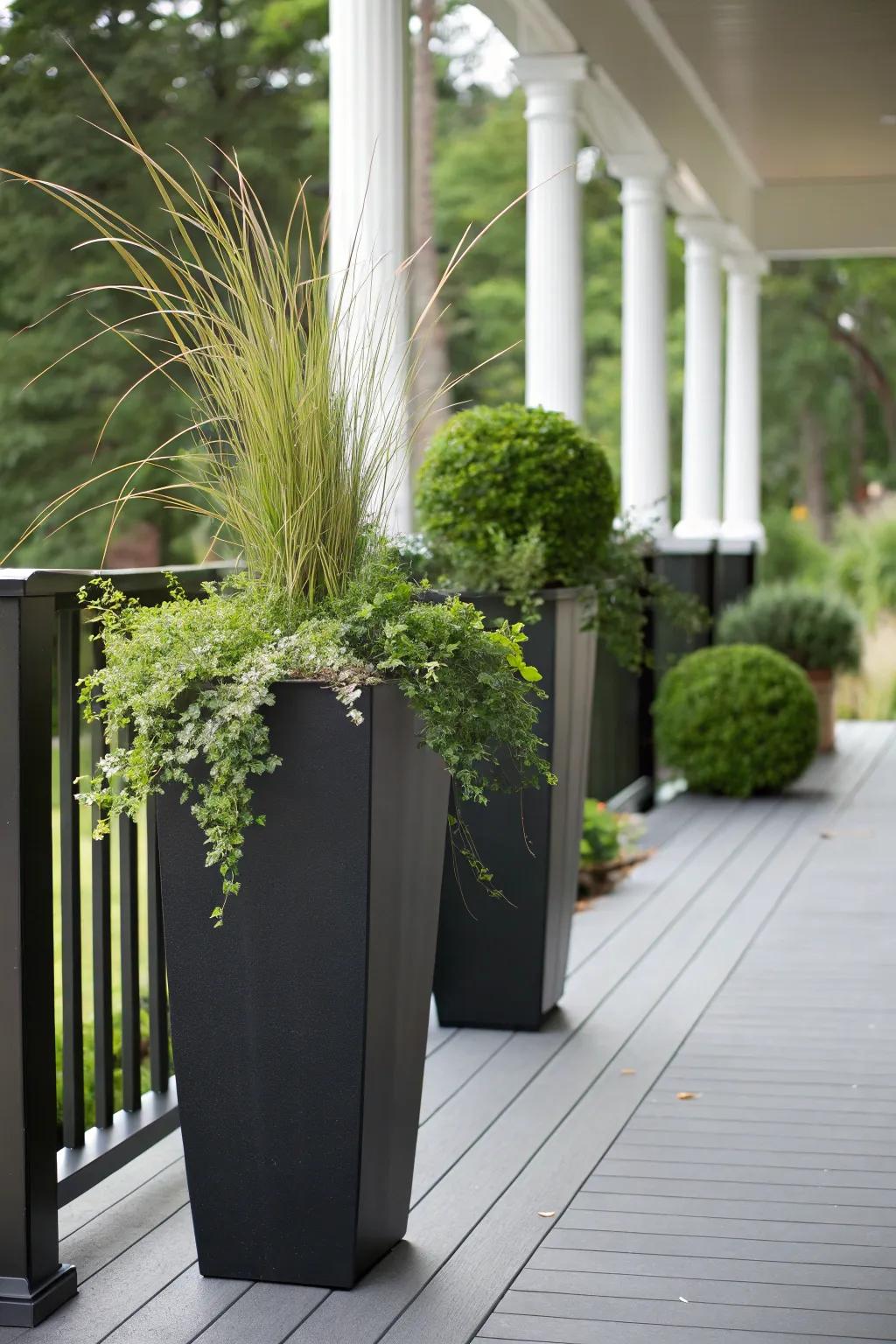 Tall modern planters with ornamental grasses on a black porch.