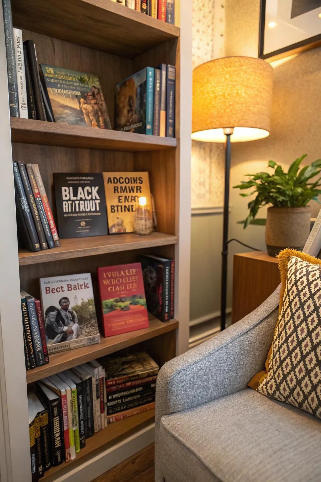 A bookshelf dedicated to Black empowerment literature.