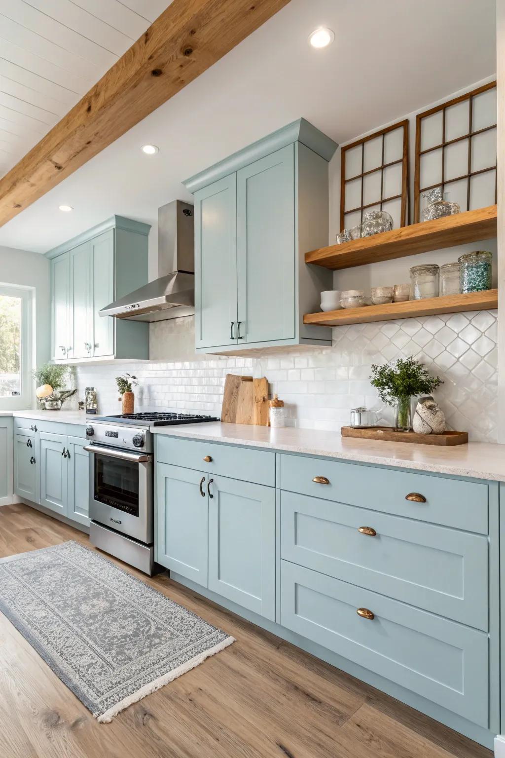 A welcoming kitchen featuring pale blue cabinets alongside wood accents.