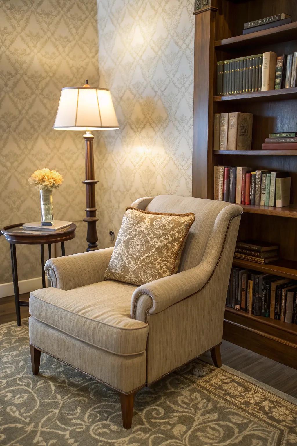 An inviting armchair corner perfect for leisurely reading.