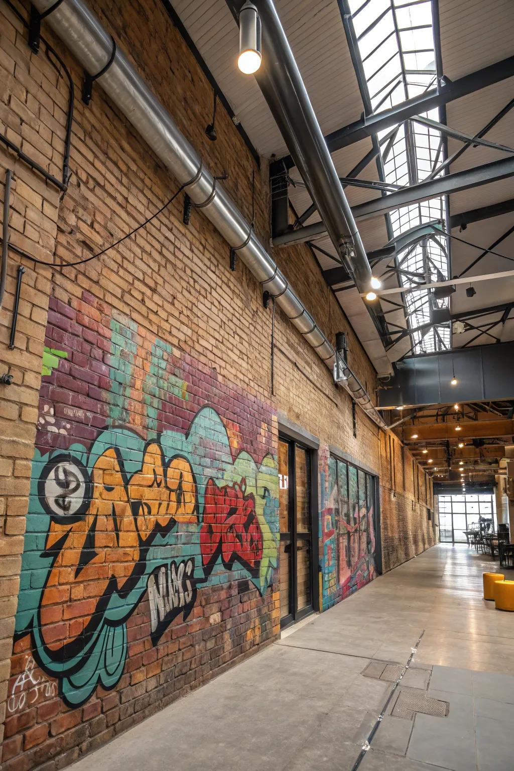 A street-inspired artwork infuses an urban fringe to a loft's brick wall.