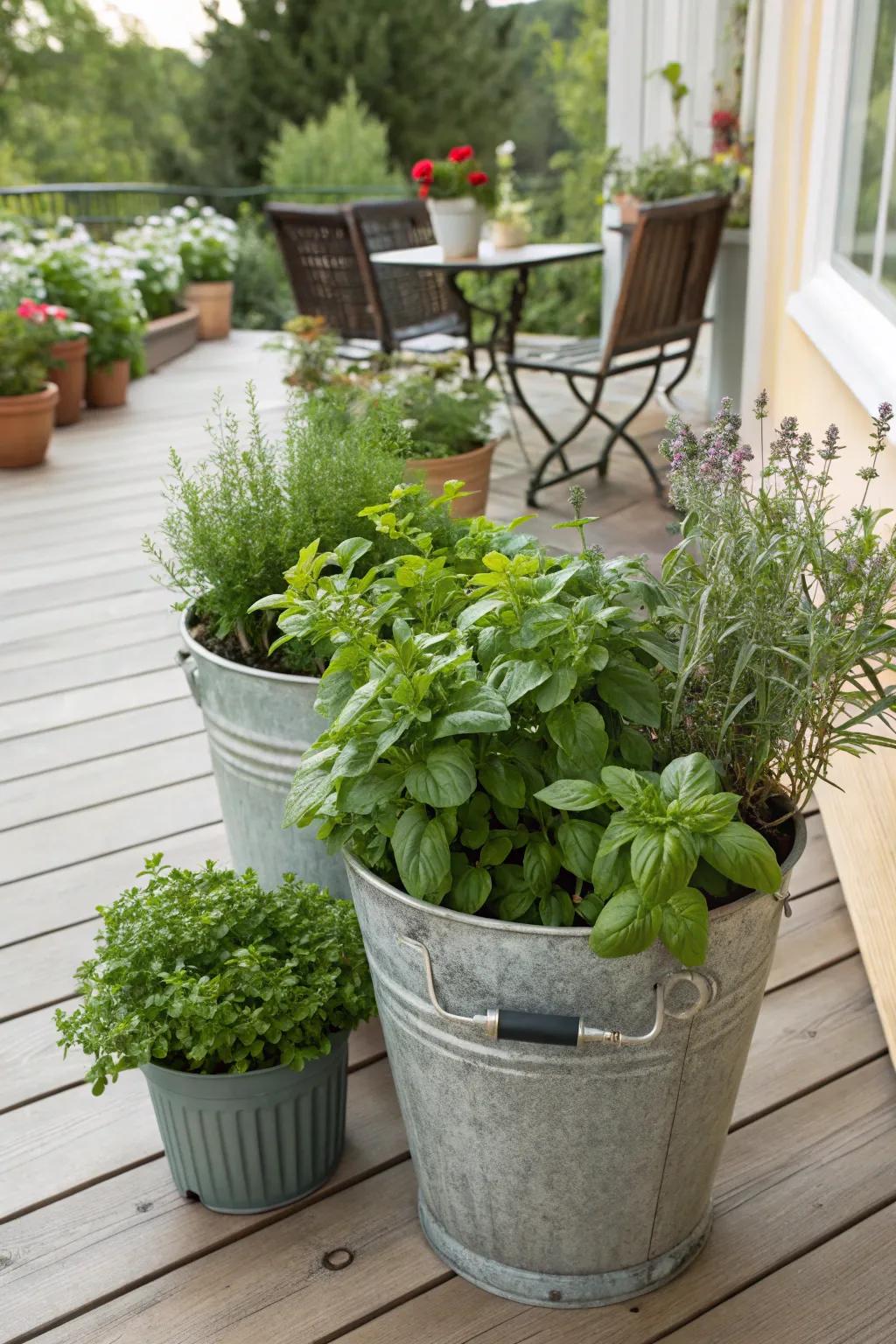 A sunny patio adorned with buckets overflowing with fresh herbs.