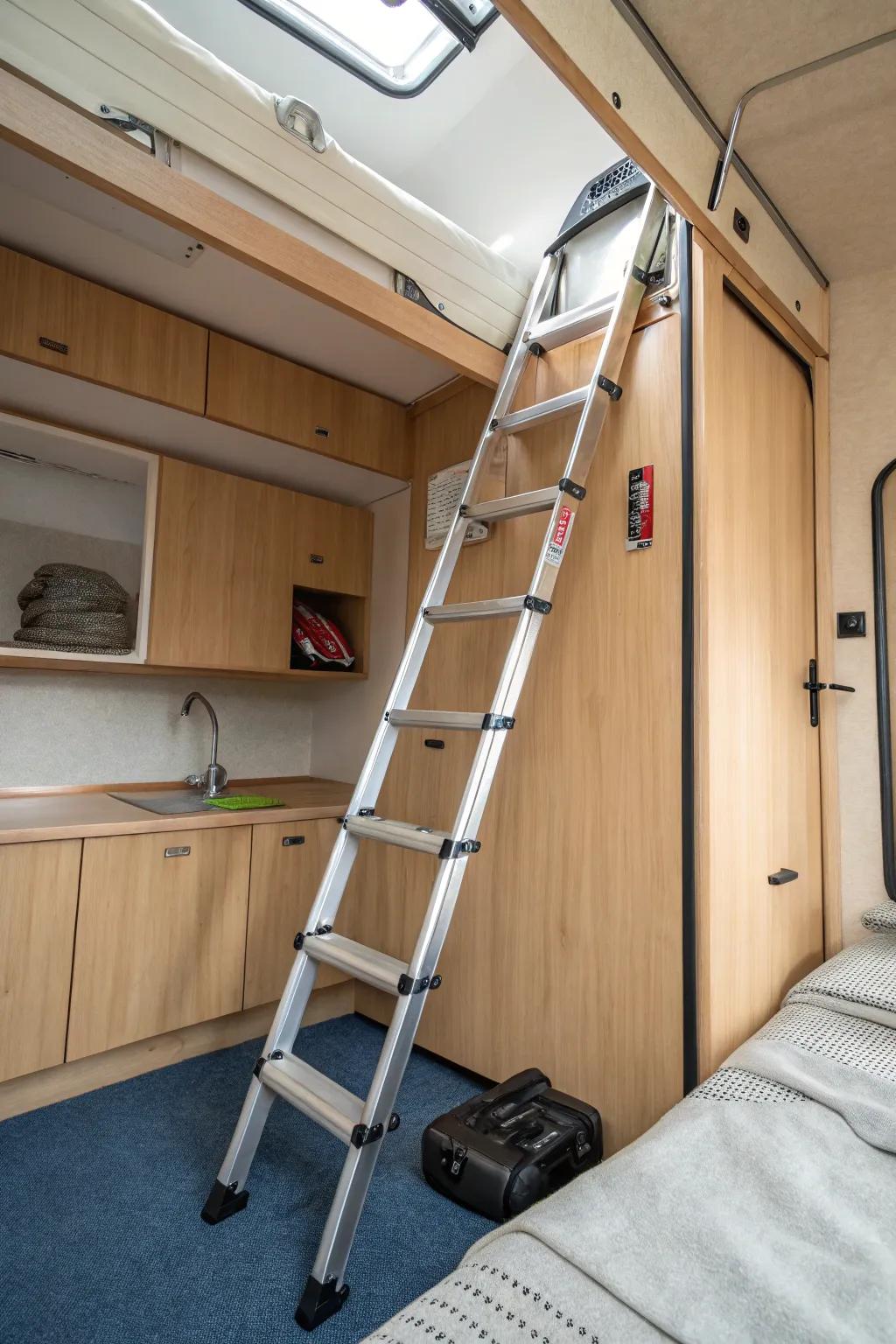 A folding ladder provides practical flexibility in a cabin with limited space.