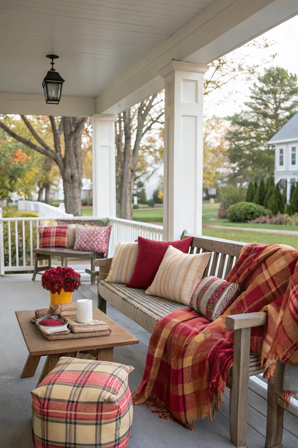 Plaid cushions and throws adding warmth to the porch seating.