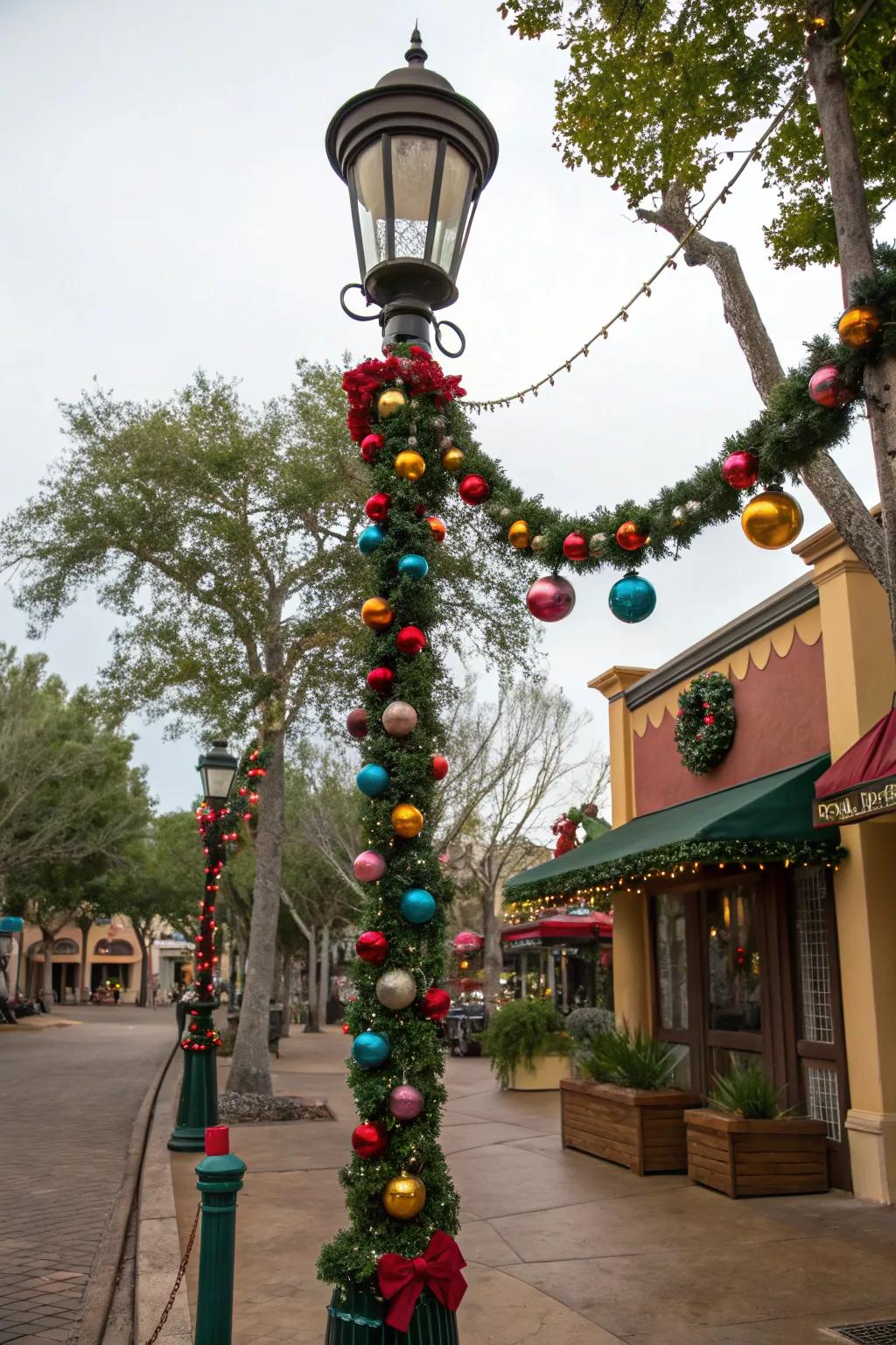 Ornaments add a whimsical touch to a decorated lamp post.