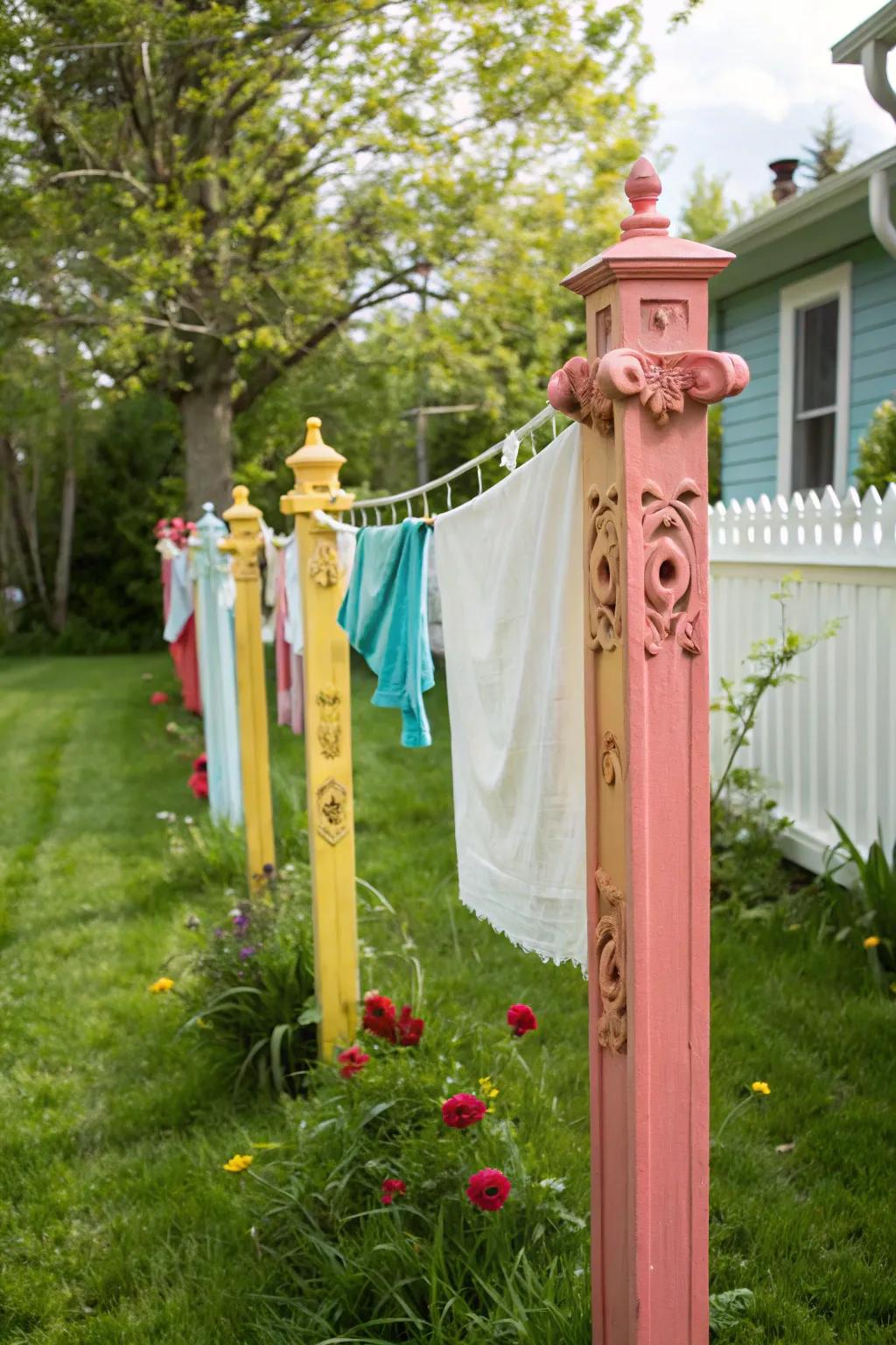 Brighten up your clothesline with creatively painted posts and elegant brackets.