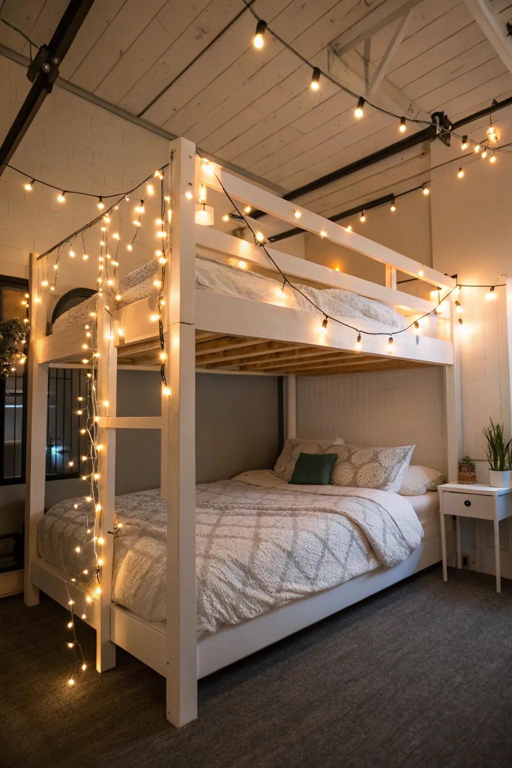 String lights add a magical touch to your loft bed setup.