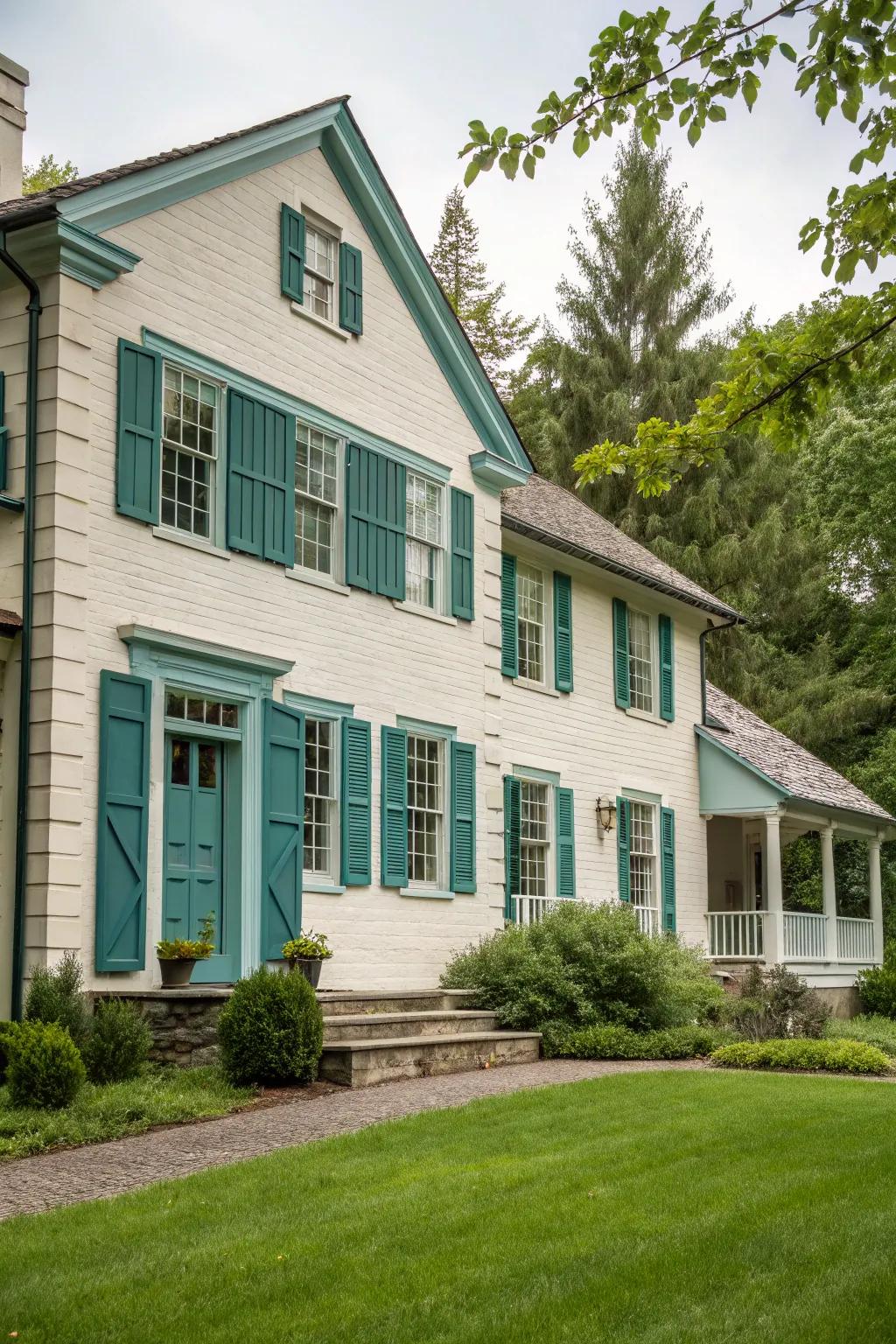 A majestic colonial home with a neutral frontage, subtly accented with aqua embellishments.