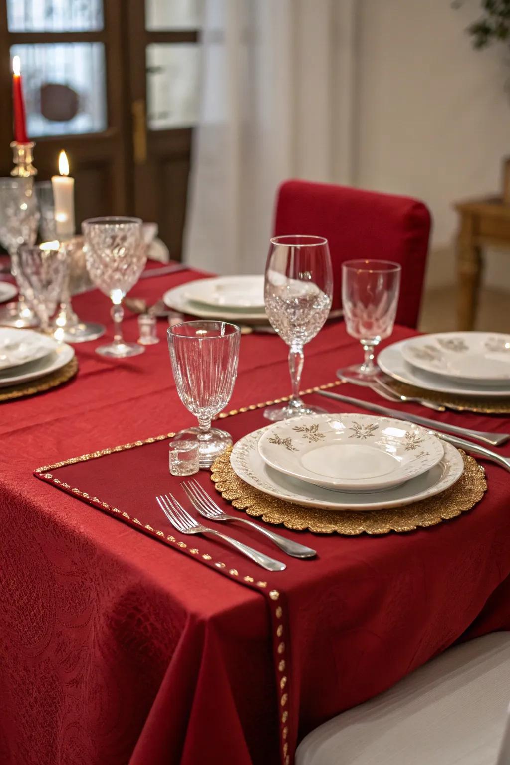 A carmine linen creating an elegant backdrop for a refined dining experience.