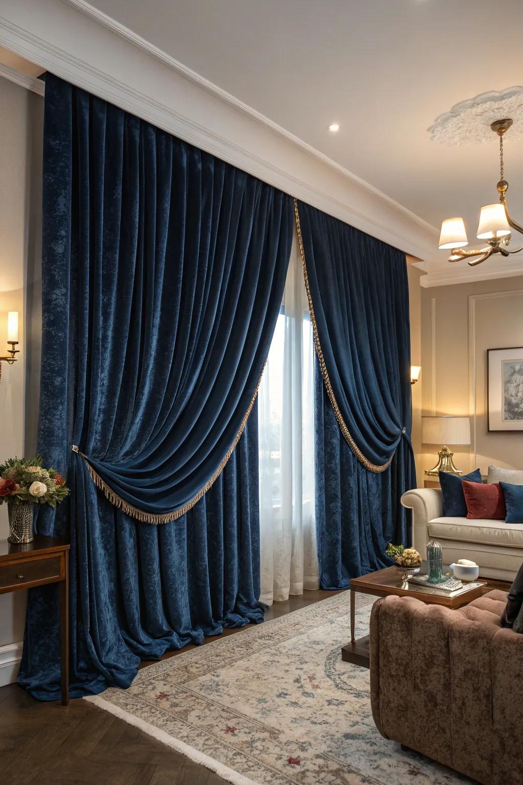 Royal velvet curtains add warmth and luxury.