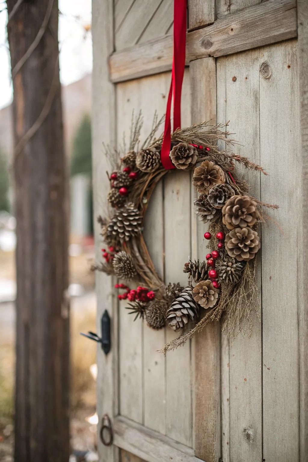 A woodland pinecone wreath warmly greets visitors with rustic elegance.
