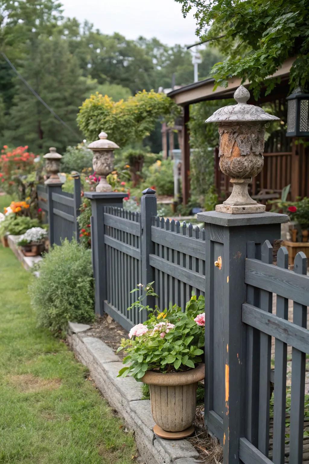 A dark grey fence paired with rustic wooden accents and vintage garden decor.