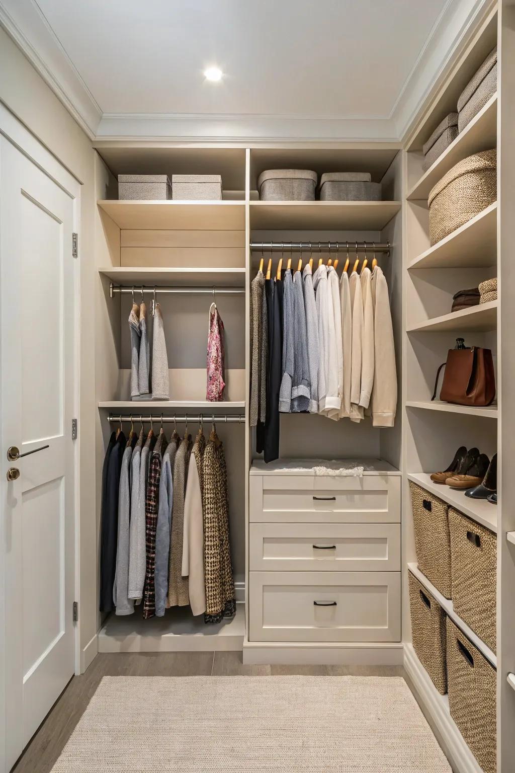 Use neutral shades for a tranquil and spacious closet design.