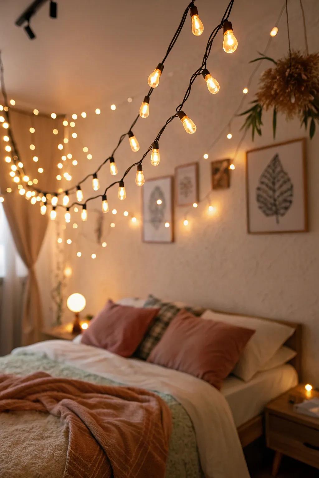 String lights add a dreamy glow to your dramatic bedroom.