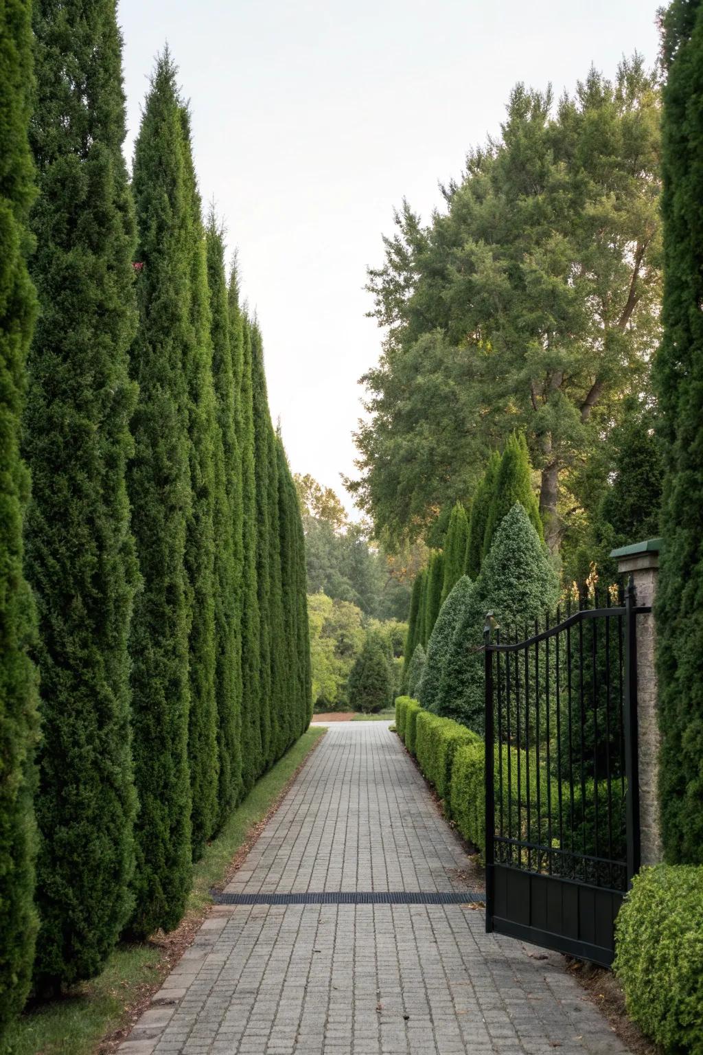 Tall arborvitae hedges offering privacy along a driveway.