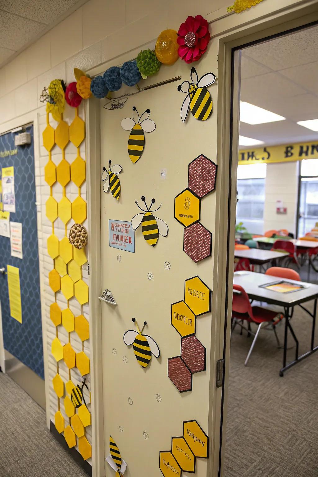 A buzzing bee-themed classroom door, filled with the wonders of nature to inspire and captivate young learners.