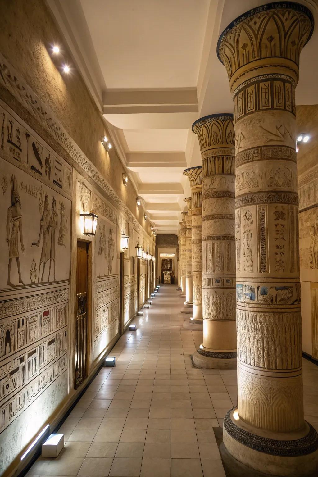 Pillars create a stately atmosphere reminiscent of Egyptian temples.