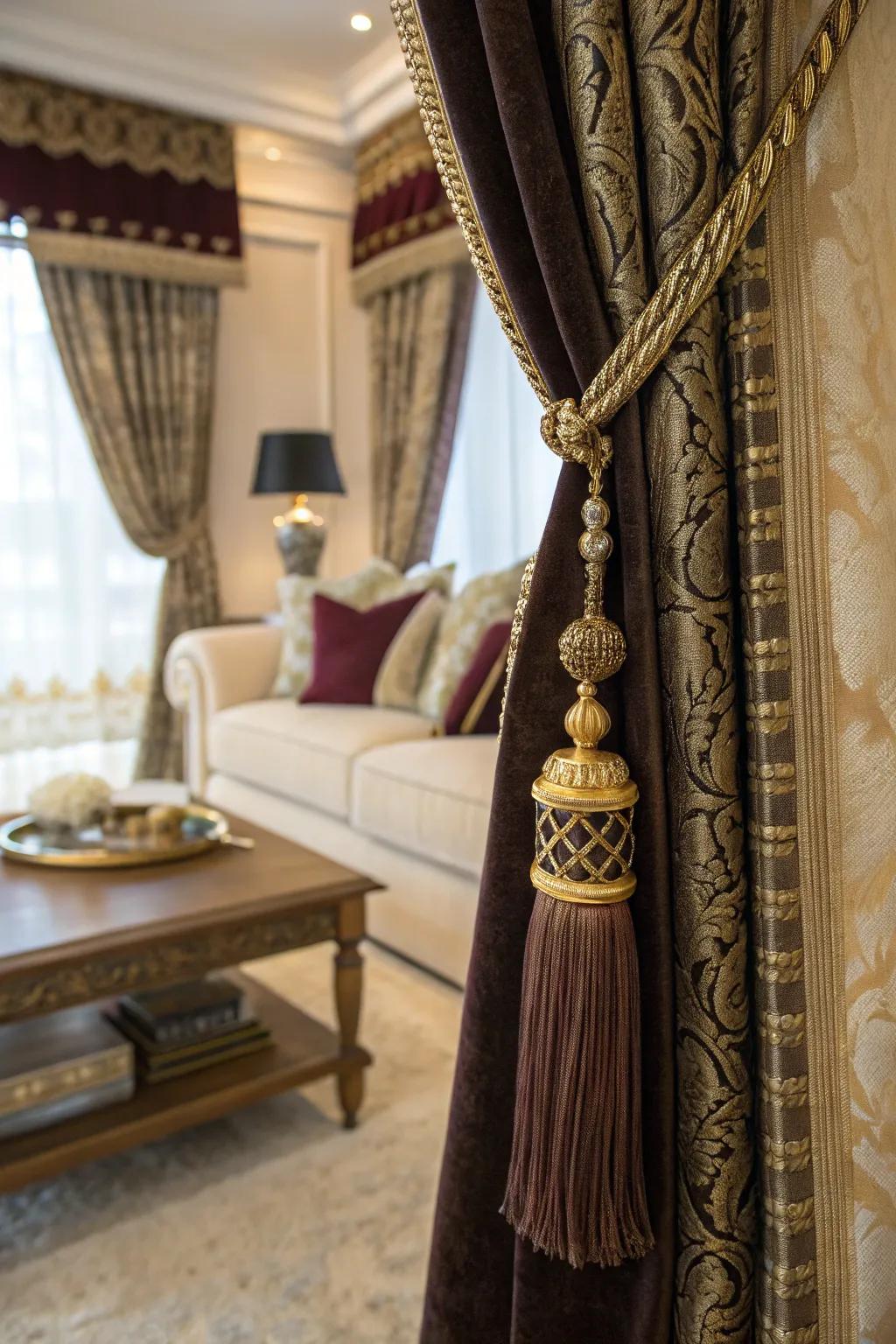 Ornate tiebacks add a personal touch to luxurious curtains.