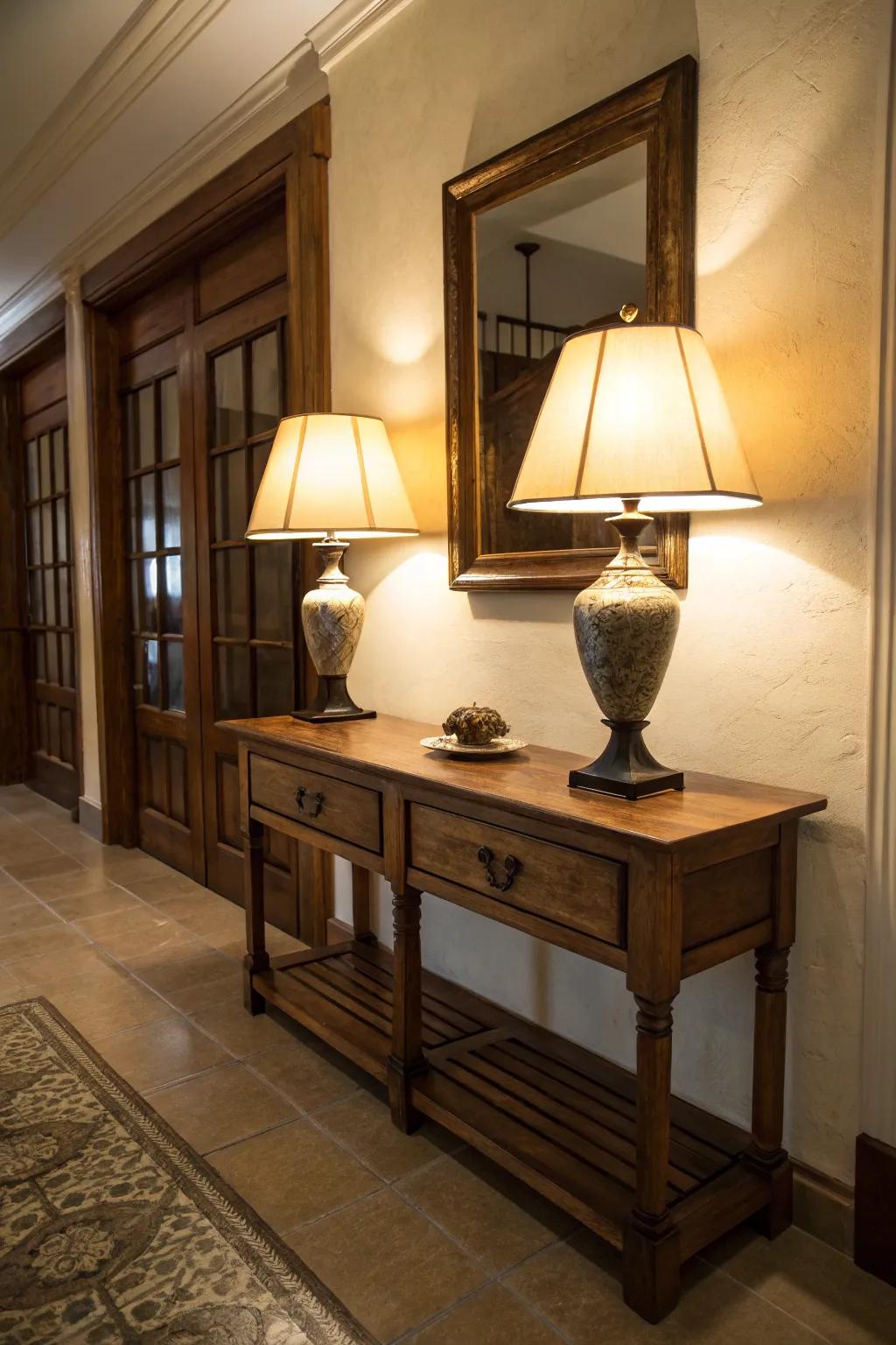 Table lamps add a cozy touch to this inviting entryway.