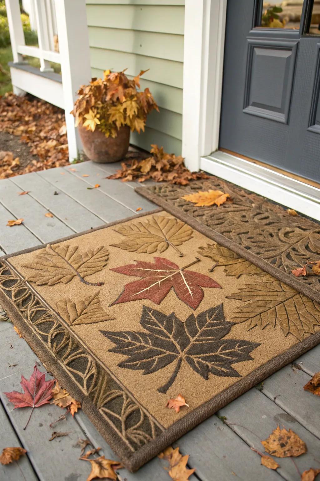 Leaf-patterned doormat capturing the essence of fall.