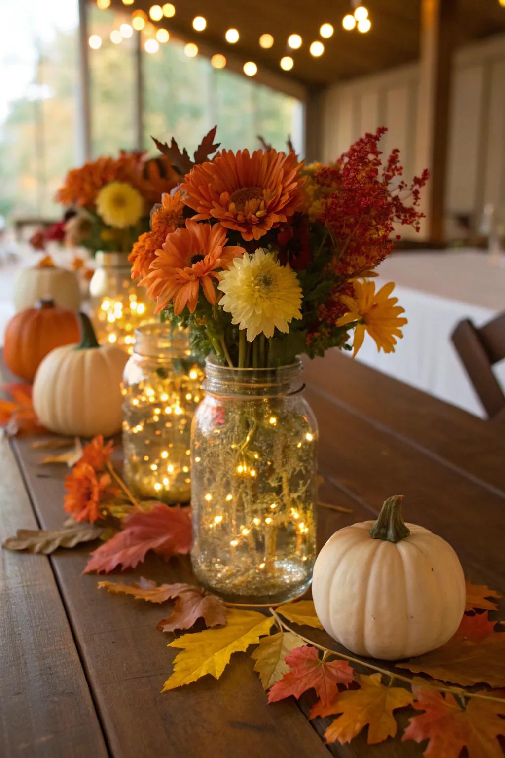 Glass jars filled with fairy lights and autumn blooms add rustic charm to the wedding decor.