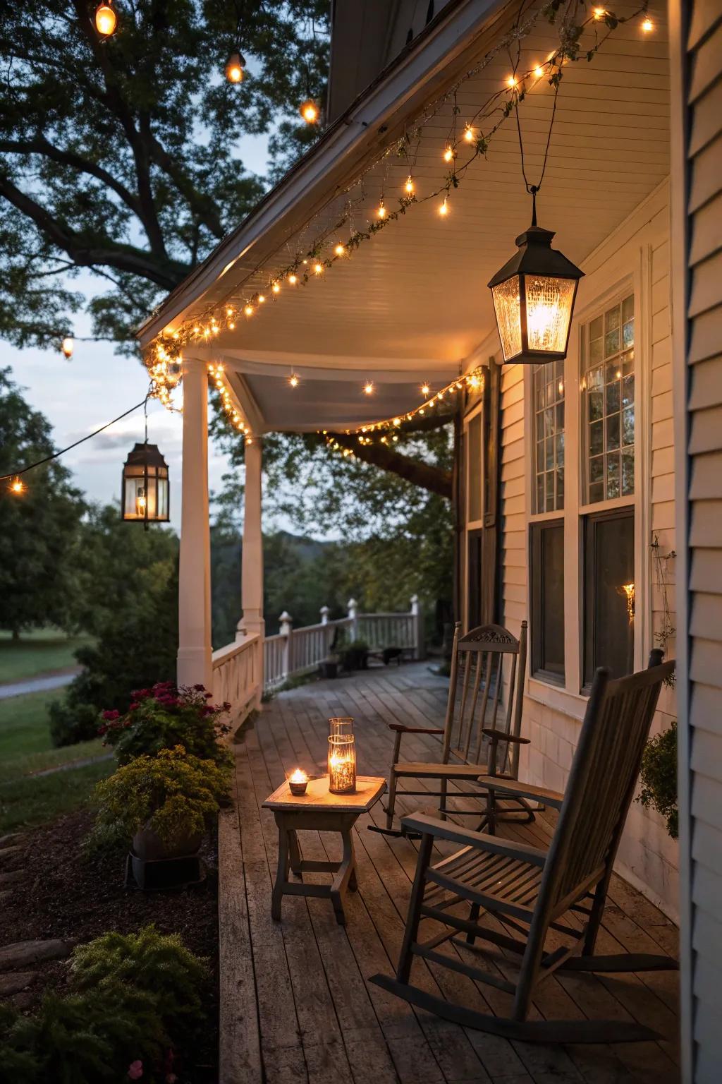 Lamps and string lights make a cozy evening feel.