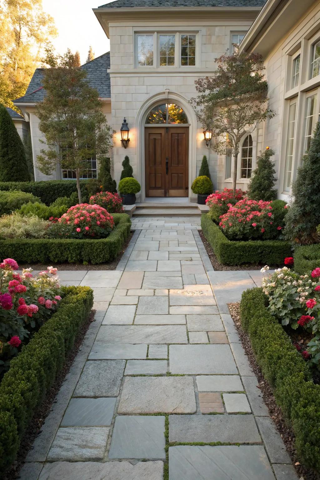 An inviting flagstone path leading to a welcoming home entrance.