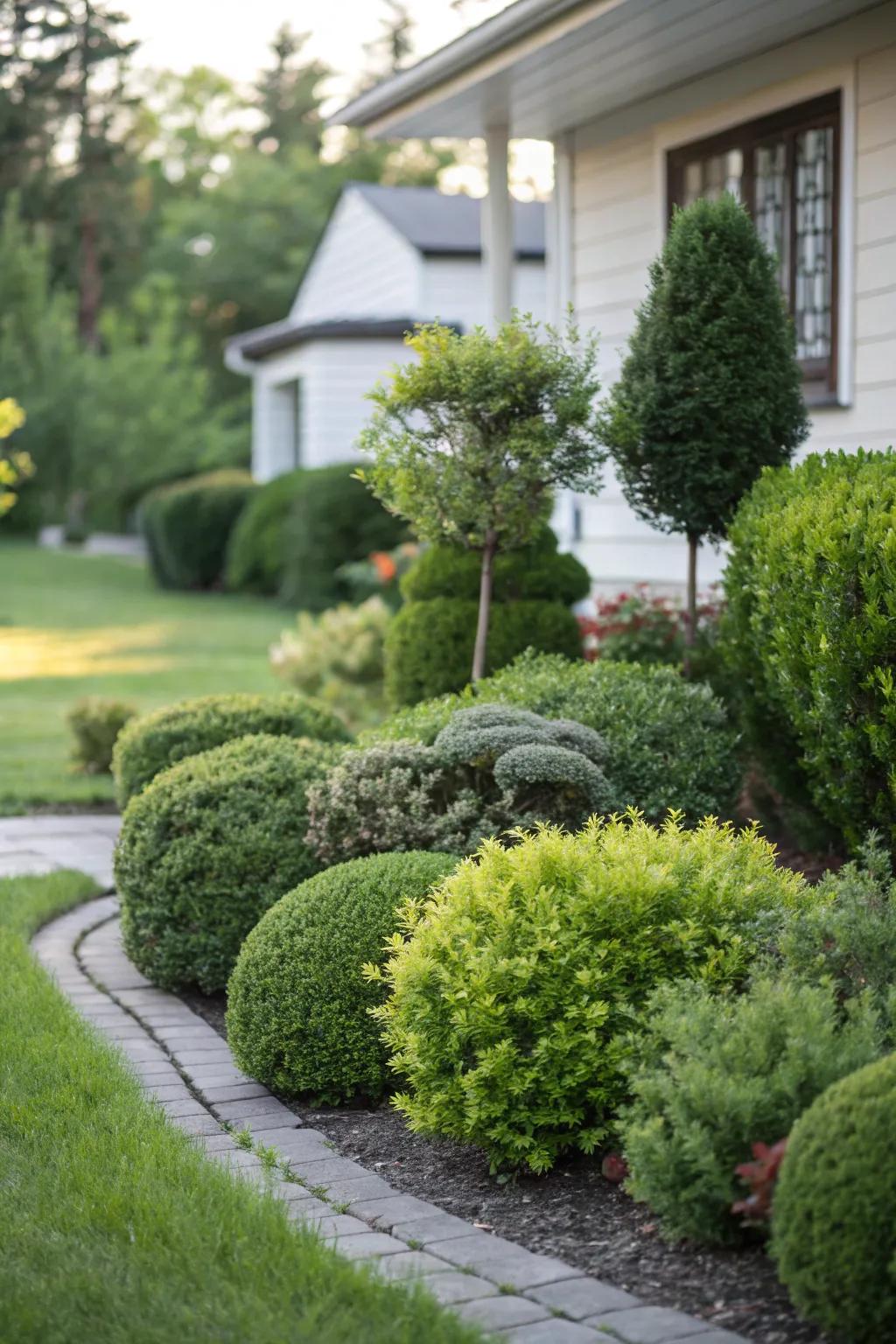 Layered shrubs add depth and intrigue to this front yard landscape.