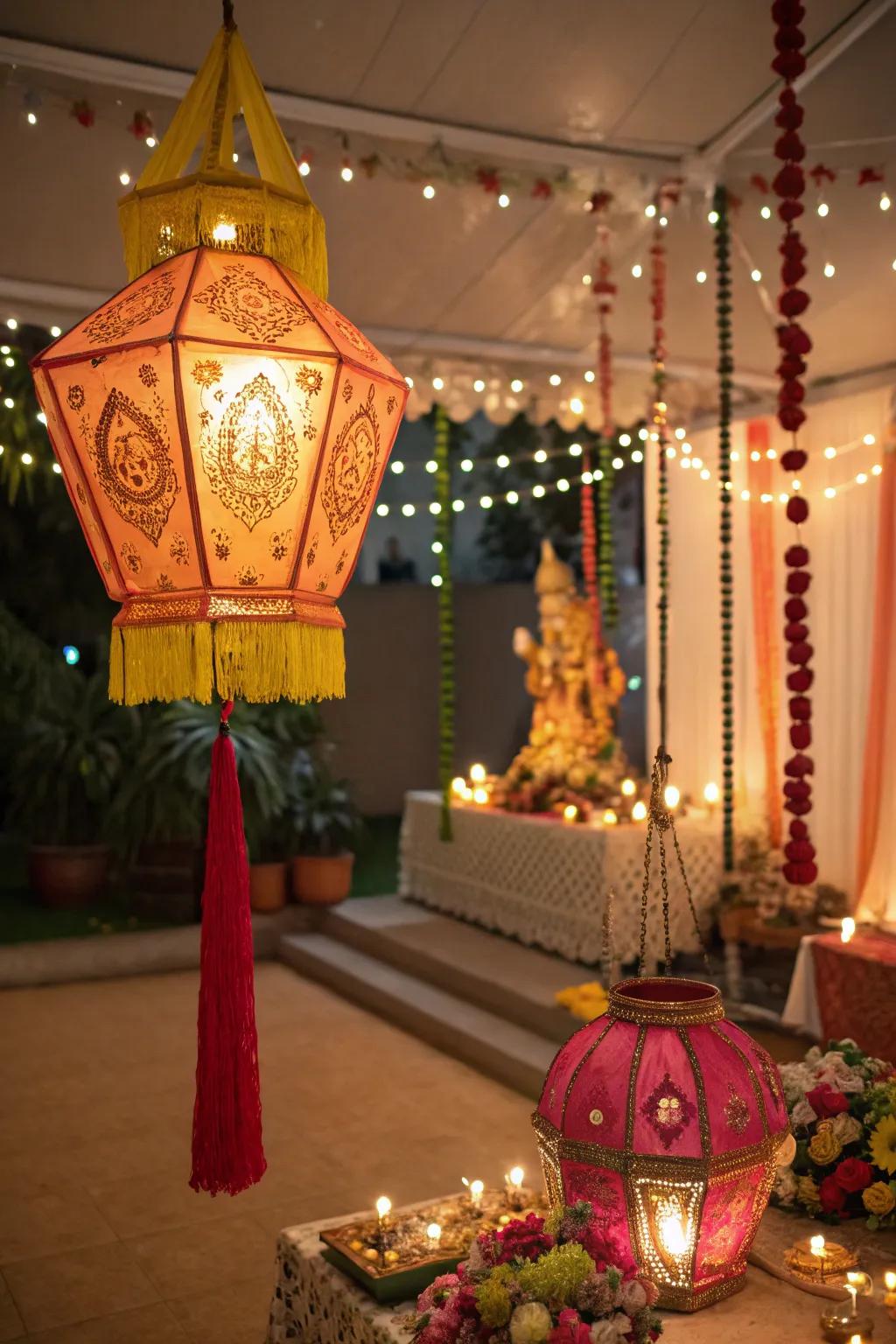 Lanterns and fairy lights casting a warm and inviting glow for Ganesh Chaturthi festivities.