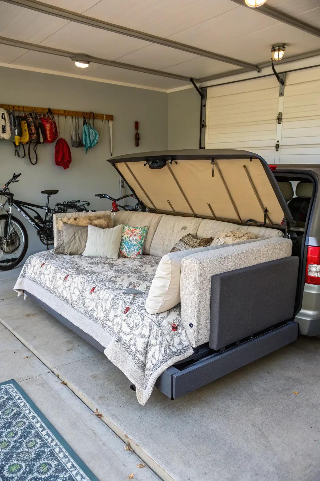 A convertible couch offers versatility, turning your garage into a multipurpose space.