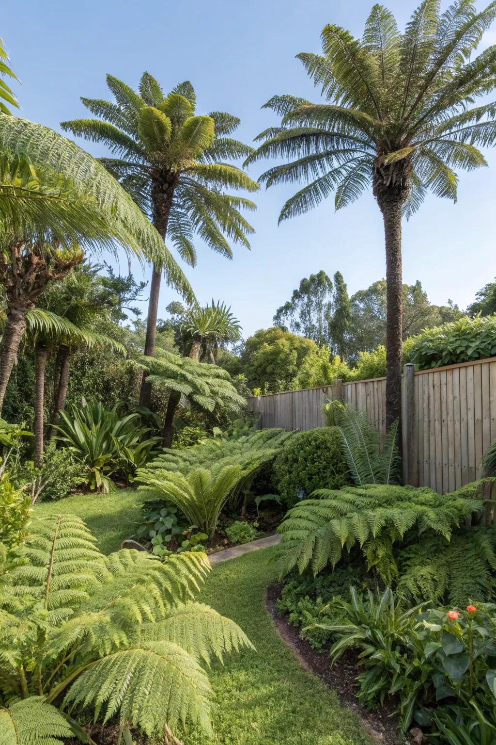 A lush, tropical garden oasis full of vibrant greenery.