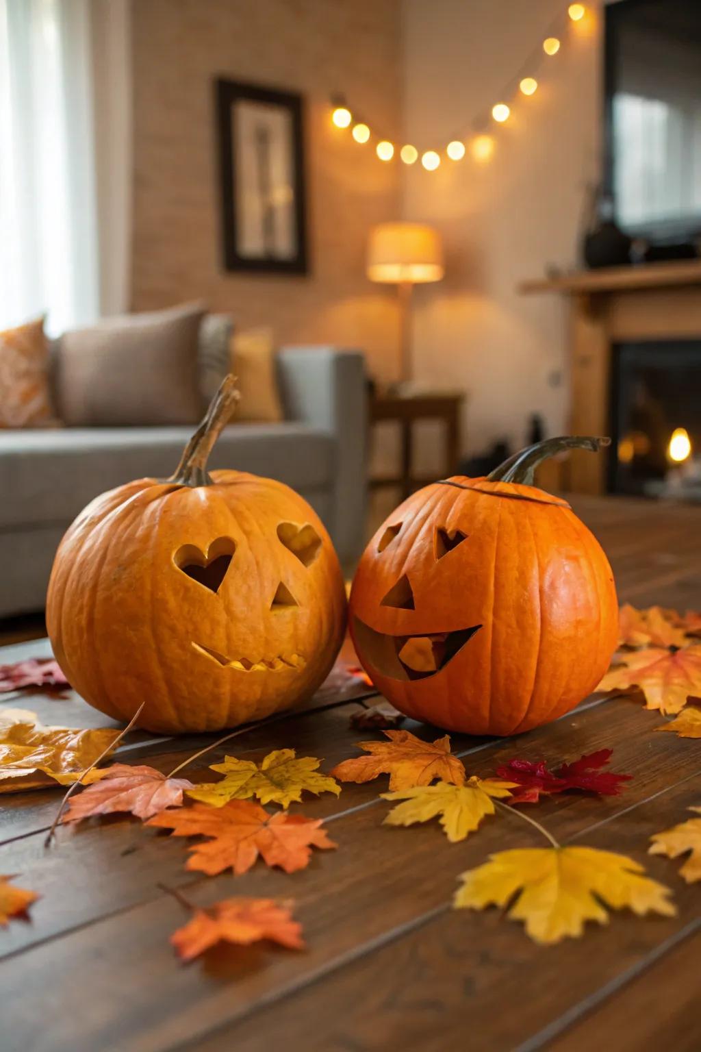 A romantic pair of pumpkins sharing a tender kiss, perfect for couples.