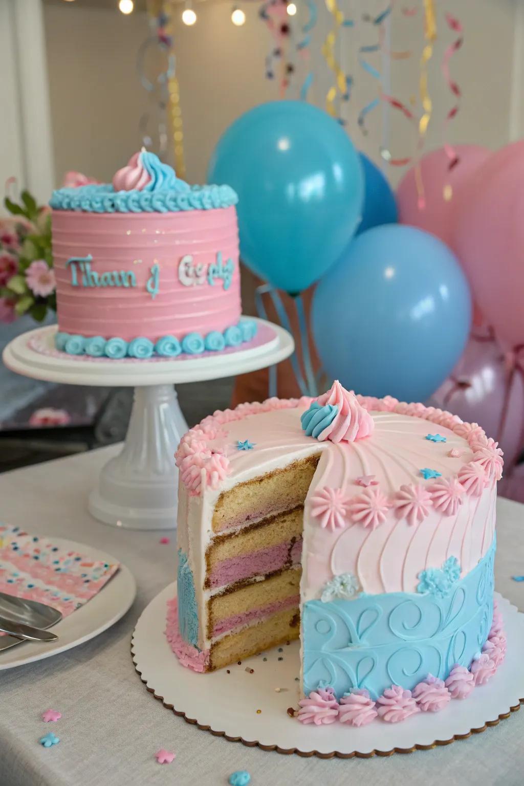 An amazing gender reveal cake poised to surprise attending guests.
