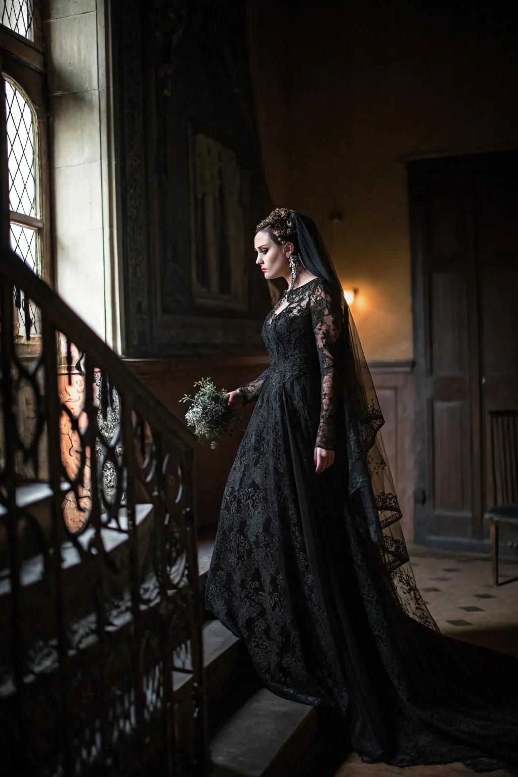 A gothic bride in a stunning black lace wedding dress.