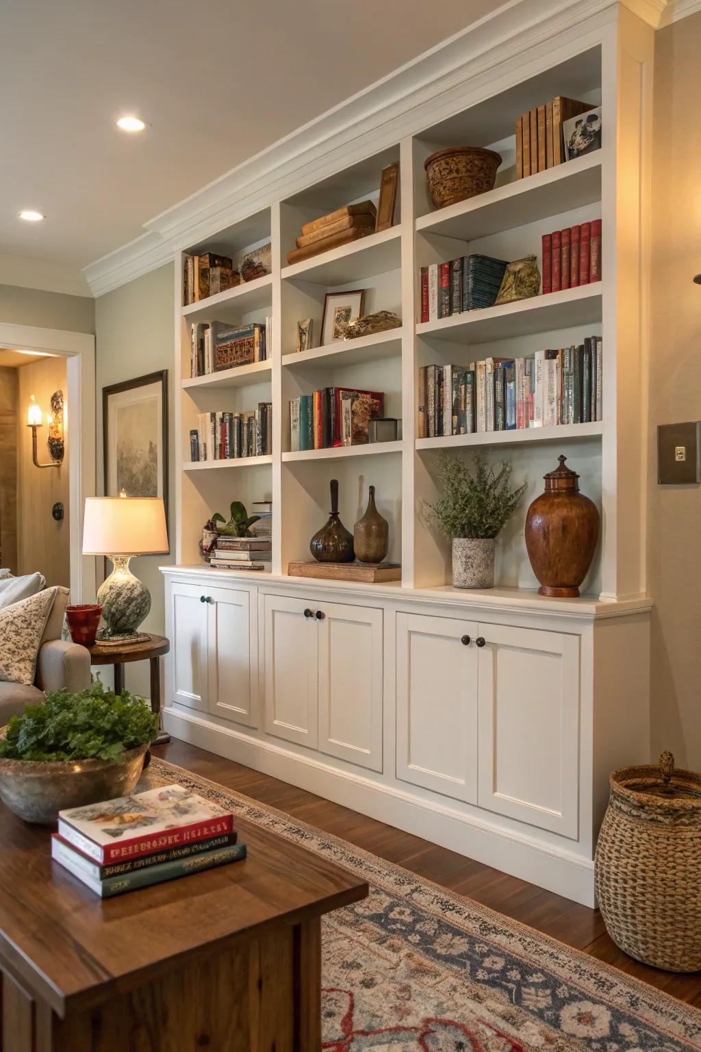 Built-in shelves add storage and style to the great room.