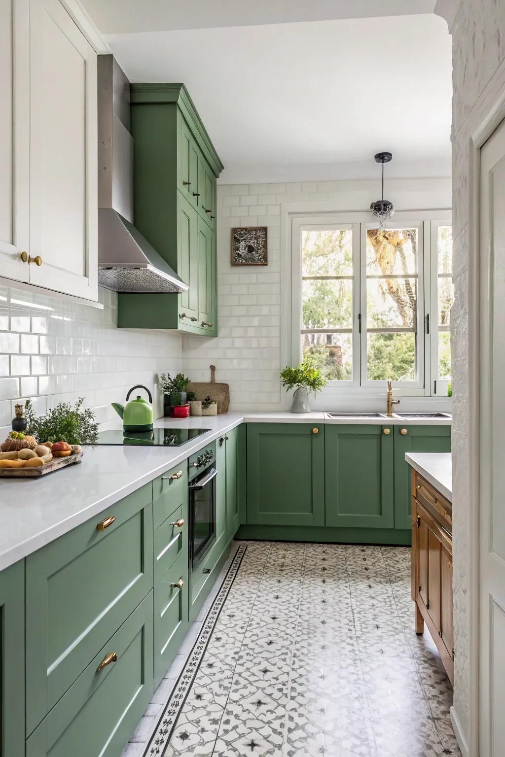 Crisp white walls complementing green cabinets for a fresh look.