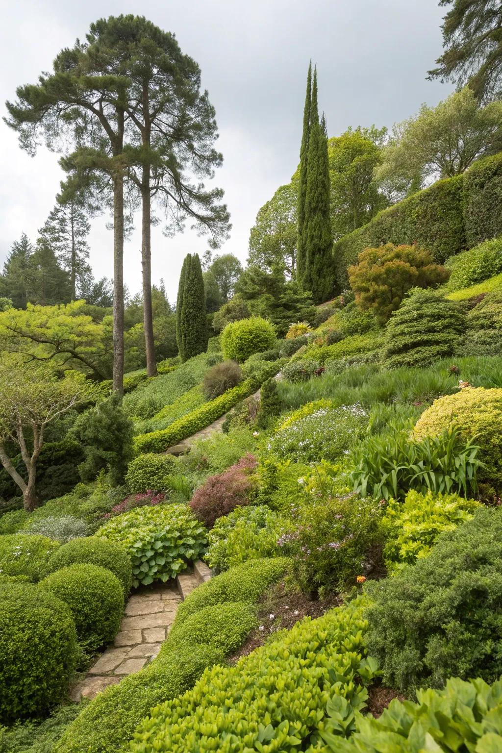 A rich, textured garden exhibits tiered plantings that create richness and beauty.