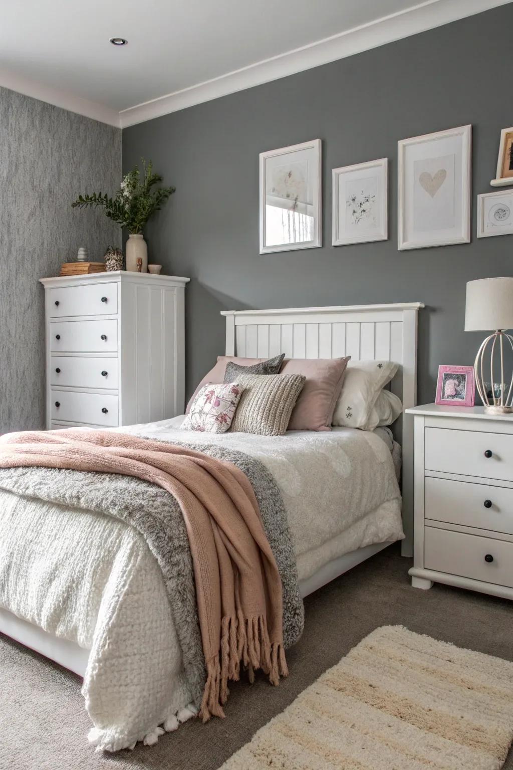 A classic grey and white bedroom radiating sophistication.