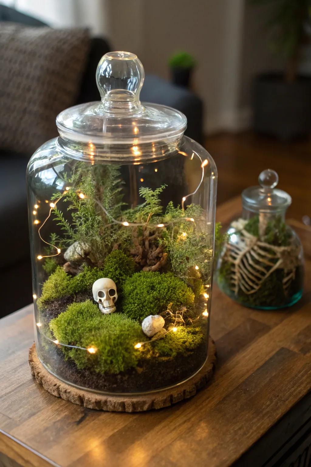 Bring a miniature haunted world into your home with a spooky terrarium.