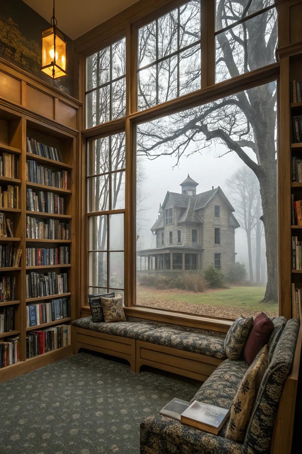 Haunted windows add a chilling vibe.