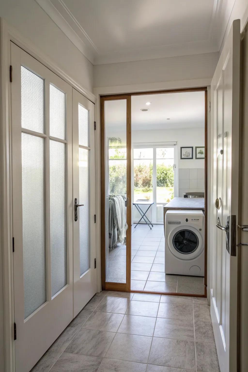 Frosted glass doors illuminate and expand a hallway laundry room.